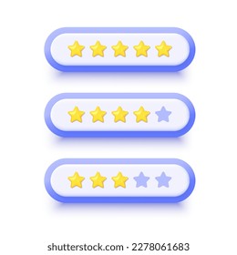 5 yellow golden star rating. Realistic 3d design In plastic cartoon style. Icon isolated on white background. Modern vector illustration.