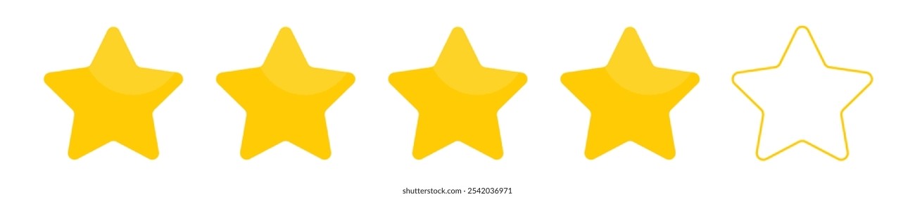 5 estrelas amarelas de revisão. Conceitos de sucesso, satisfação, classificação, raking, boa qualidade e cliente satisfeito. Ícone de cinco estrelas com cor amarela para aplicativo Web ou aplicativo móvel. Ilustração vetorial de EPS