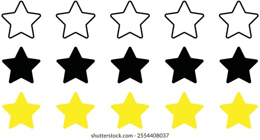 5 yellow star icons set vector illustration eps 10. Flat design and concept of best rank and award. Review and award service.