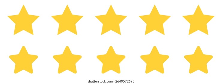 5 yellow stars icon. Five stars sign. Five star rating icon. Product review icon.