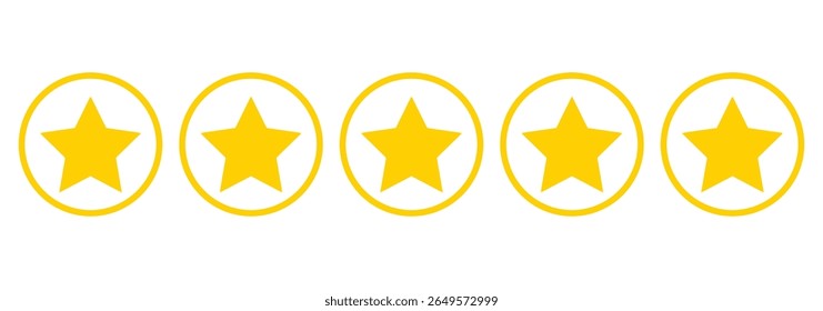 5 yellow stars icon. Five stars sign. Five star rating icon. Product review icon.