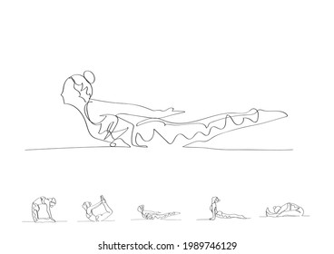 5 yoga, desarrollo de la personalidad Un dibujo continuo de una línea de mujeres haciendo yoga. Minimalismo de la ilustración vectorial 