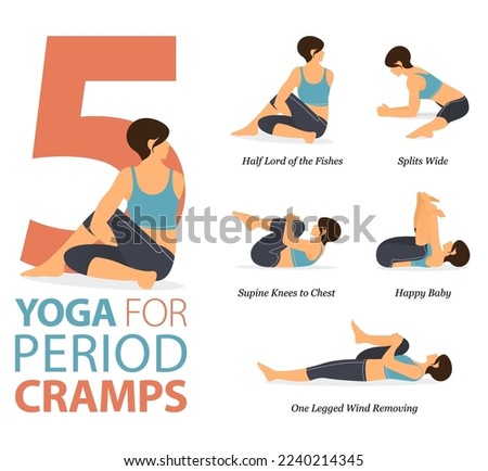 5 Yoga poses or asana posture for workout in period cramps concept. Women exercising for body stretching. Fitness infographic. Flat cartoon vector