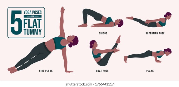 5 Yoga Poses For A Flat Stomach.Young woman practicing yoga / exercises. Woman workout fitness, aerobic and exercises. Vector Illustration.