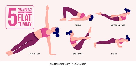 5 Yoga Poses For A Flat Stomach.Young woman practicing yoga / exercises. Woman workout fitness, aerobic and exercises. Vector Illustration.