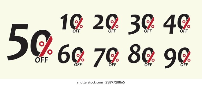 50%, 10%, 20%, 30%, 40%,  60%, 70%, 80%, 90% Discount.
Sale tags set vector badges template.50 percent Sale offer price signs. 
Special offer symbols. Discount promotion in percents. Discount badge. 