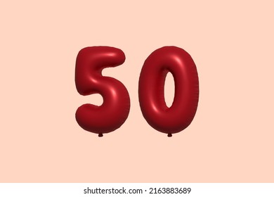 50 3d number balloon made of realistic metallic air balloon 3d rendering. 3D Red helium balloons for sale decoration Party Birthday, Celebrate anniversary, Wedding Holiday. Vector illustration
