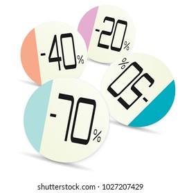 -50 40 20 70 % off sale sticker set. Promotion vector sticker or button. Isolated illustration. White background. Best offer. Discount poster, blank. Template shopping cards for winter - spring sale.