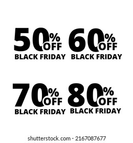 50, 60, 70 and 80% off, Black Friday, set sale design discount, illustration vector 