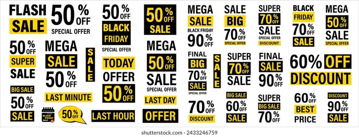 50%, 60%, 70%, 90% Discount. Sale tags set vector badges template. Sale offer price sign. Discount promotion. Discount badge shape. Vector design.