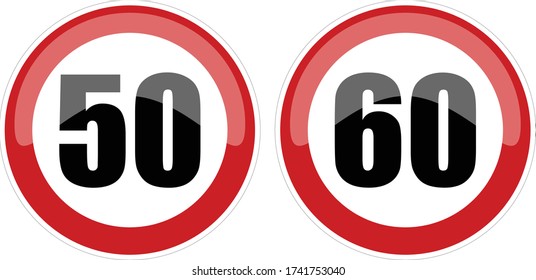 50 and 60 Round Red and White Speed Limit Signs.