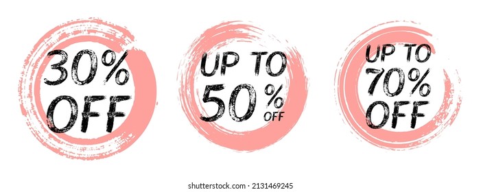 30? 50 and 70% off discount sale labels vector collection. Pink circle frames, round sale discount labels with up to 70% off text