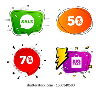 50% and 70% percent discount symbols. Banner badges, various colors. Sale speech bubble icon. Big sale shopping bag sign. Chat bubble vector shape. Gradient banner. Price tag. Vector