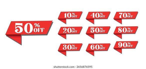 50% to 90% Off Red Discount Badge Set – Flat Vector Sale Labels