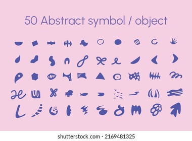 50 Abstract blue shape, symbol, icon, object on pink background.  Isolated vector illustration icon with contemporary simple hand drawn style.