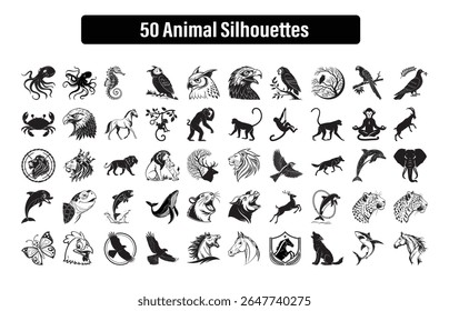 50 animal silhouette vectors featuring wildlife sea creatures—monkeys, lions, sharks, owls  more. Ideal for t-shirts, logos, education, crafts digital or print use.