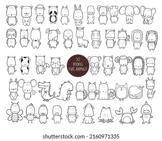 50 Animals Cartoon, Big collection of decorative for kids,baby characters, card,hand drawn, cartoon style, vector.vector illustration	