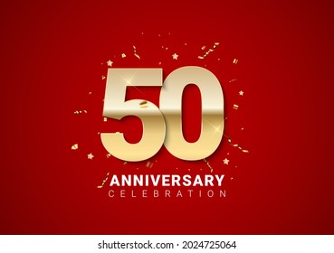 50 anniversary background with golden numbers, confetti, stars on bright red holiday background. Vector Illustration EPS10