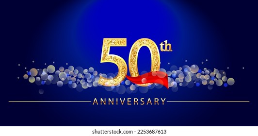 50 anniversary celebration. 50th anniversary celebration. 50 year anniversary celebration logo with glitter, confetti, red ribbon and blue background.