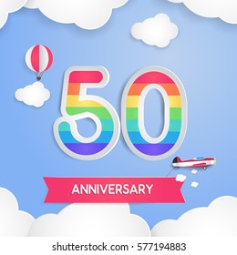 50 Anniversary Celebration Logo with Rainbow Colored and using Paper Art Design Style