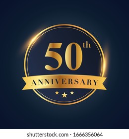 50 anniversary celebration logotype. Golden colored isolated on black blue background, vector design for greeting card and invitation card and celebration event