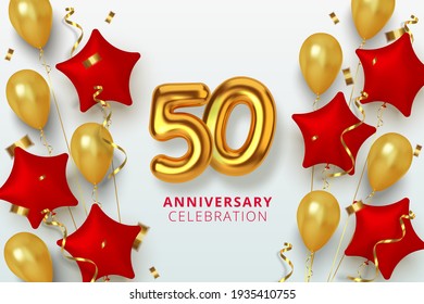 50 Anniversary celebration Number in the form star of golden and red balloons. Realistic 3d gold numbers and sparkling confetti, serpentine. Vector illustration.