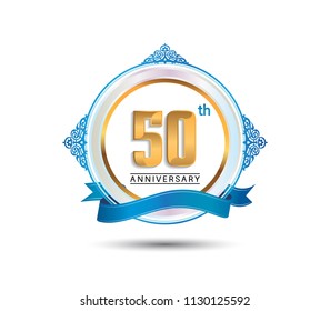 50 anniversary design golden color on circle with blue ornament and ribbon for celebration event 