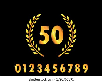 50 Anniversary gold numbers with laurel wreath illustration. Celebration 50th anniversary event party template. fifties years anniversary logotype. vector design for greeting card and award winner.
