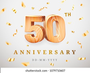 50 anniversary gold wooden numbers with golden confetti. Celebration 50th anniversary, number five and zero Template design for party, web,invitation,poster, game,booklet,event,leaflet,flyer, magazine