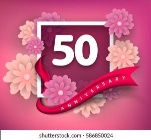 50 anniversary invitation card. Vector invitation card or 
Anniversary emblems template design. Design with abstract 
background and elegant frame with ribbon decorated and 3d flowers.