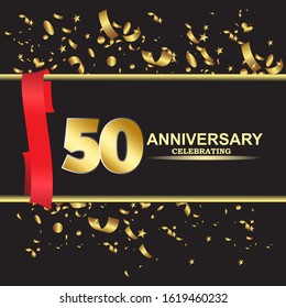 50 anniversary logo with confetti golden colored and red ribbon isolated on black background, vector design for greeting card and invitation card