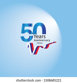 50 anniversary logo with silver and blue ribbon, Years birthday Celebration Design for party, and invitation card vector