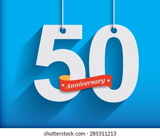 50 Anniversary numbers with ribbon. Flat origami style with long shadow. Vector illustration