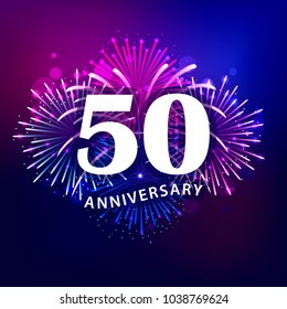 50 Anniversary text with colorful fireworks background. Greeting card, banner, poster. Vector illustration.