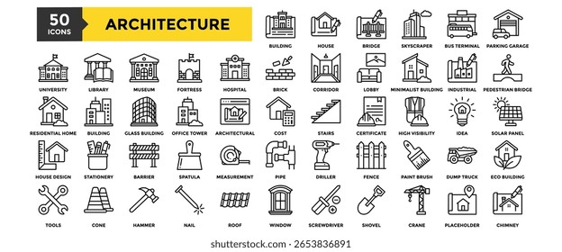 50 Architecture icon set. Containing design Building , House, Bridge, Skyscrape, Bus Terminal, Parking Garage