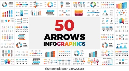 50 Arrows Pack. Infographics for your presentation. Circle diagrams. Use for business or marketing, startup and finance.