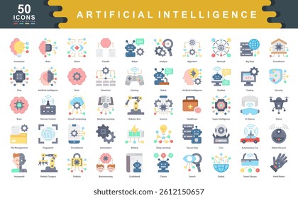 50 artificial intelligence flat icons covering robotics, automation, deep learning, and smart tech. Perfect for AI, innovation, machine learning, and futuristic technology visuals.