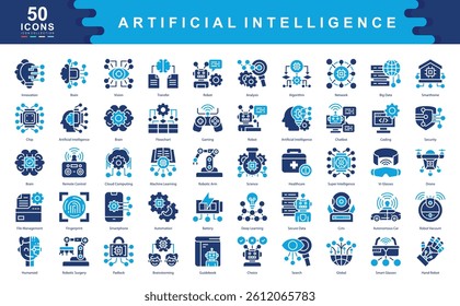 50 artificial intelligence icons covering robotics, automation, deep learning, and smart tech. Perfect for AI, innovation, machine learning, and futuristic technology visuals.