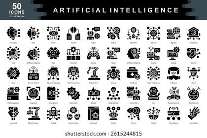 50 artificial intelligence icons covering robotics, automation, deep learning, and smart tech. Perfect for AI, innovation, machine learning, and futuristic technology visuals.