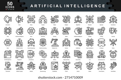 50 artificial intelligence icons covering robotics, automation, deep learning, and smart tech. Perfect for AI, innovation, machine learning, and futuristic technology visuals.