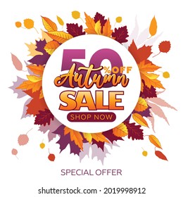 50% autumn sale, round fall sale emblem surrounded by autumn leaves isolated on white background. Vector for booklet or web banner. Promotion Autumn discount.