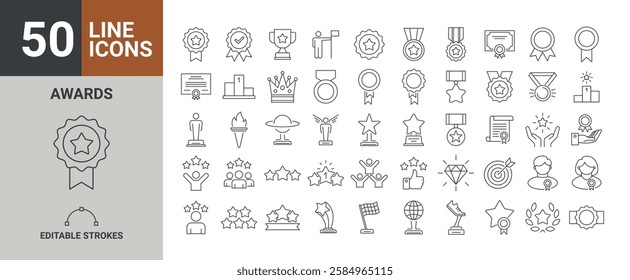 50 awards line editable icon set. award icon set containing badge, trophy, certificate, and more