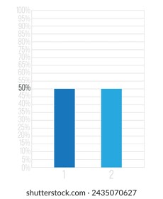 50% bars graph. Vetor finance, percentage and business concept. Column design with two sections blue