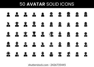 50 Big Set User Avatar Solid Icons Simple Black Vector Perfect Illustrations. People and Character Business. Male and Female Faces. Men and Women Professions.