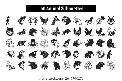 50 black animal silhouette vectors with lions, sharks, jellyfish, horses, birds, insects, and more. Great for logos, stickers, education, branding, and wildlife-themed designs.