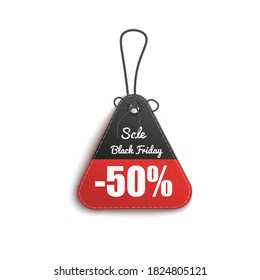 50% Black Friday sale - black and red triangle clothing price tag with discount promotion text with tiny rope bow. Clearance advertising badge - isolated vector illustration.