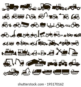 50 Black Icons Tractors And Construction Equipment On White Background