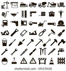 50 black icons vector construction equipment, signs and Instrument on white background