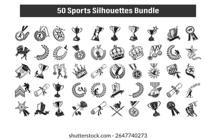 50 black silhouette vector icons of sports awards like trophies, medals, laurel wreaths, stars, and athletes. Ideal for posters, banners, print, digital, and sports-themed graphics.
