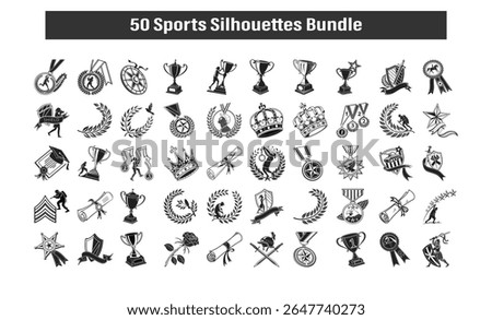 50 black silhouette vector icons of sports awards like trophies, medals, laurel wreaths, stars, and athletes. Ideal for posters, banners, print, digital, and sports-themed graphics.
